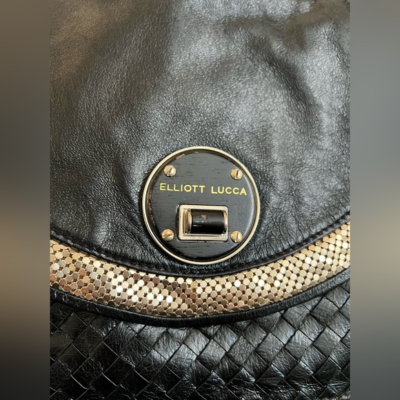 Elliot Lucca Black Leather and Fine Gold Mesh Adjustable Crossbody Pocketbook - Picture 2 of 14